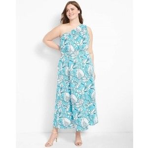 Lane Bryant One-Shoulder Aqua and White Floral Maxi Dress